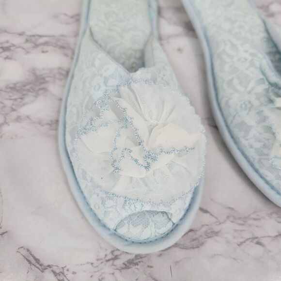 Angel Treads Vintage Blue Lace Women's House Slippers 60s Peep Toe - Picture 3 of 10